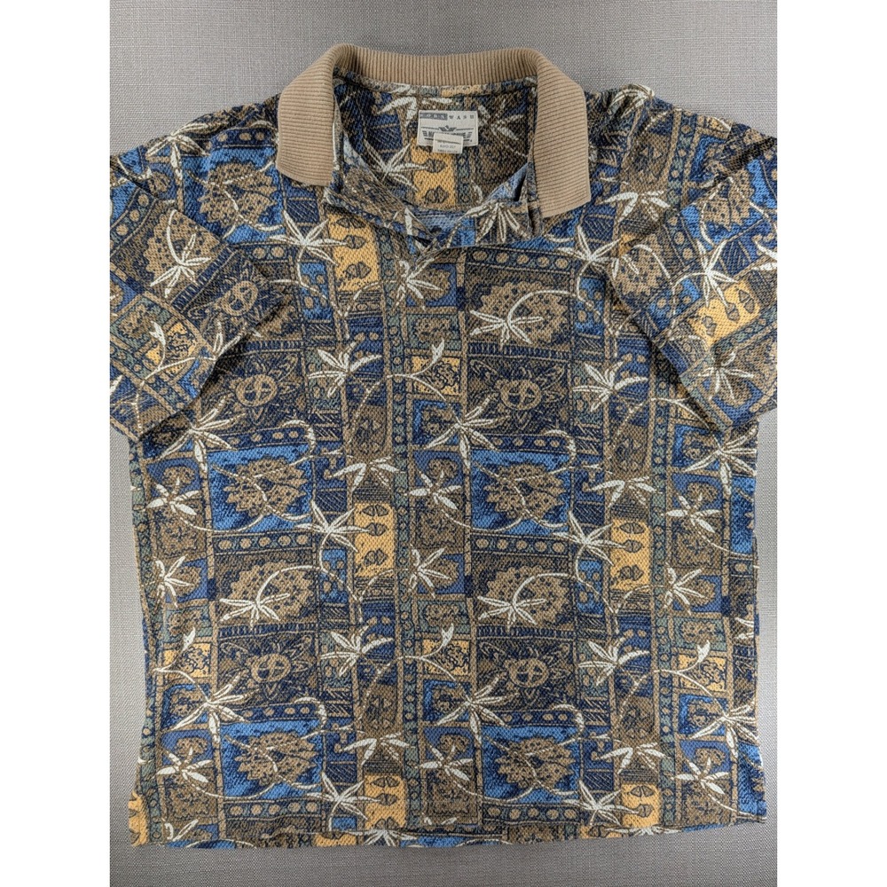 Natural Issue Mens L Polo Shirt Blue Tan Geometric Floral Cotton Vintage Style